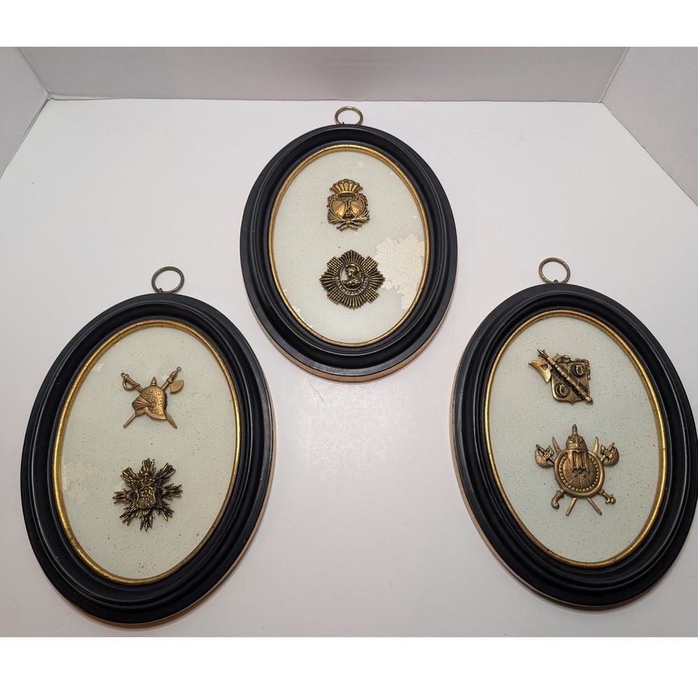 Vtg Framed Wall Militaria Art Gold Black Crest Shield Medallion Knight Set of 3